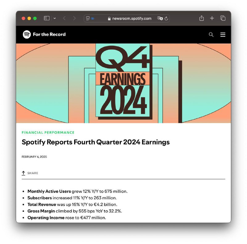 Spotify достигает рекорда с годовой прибылью