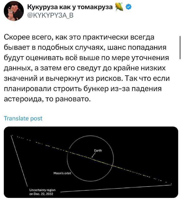 Минимальные угрозы от астероида YR4 для Земли