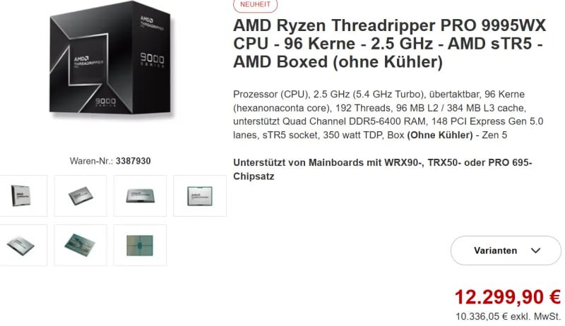 Новый высокопроизводительный процессор Ryzen Threadripper Pro 9995WX презентуют по цене $12 800